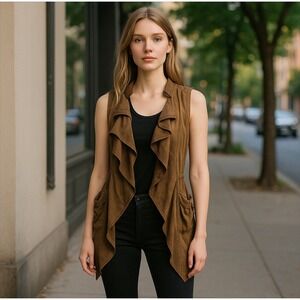Y2K Brown Ruffle Vest Top Boho Bohemian Long Medium Small Cascade Hippie Duster